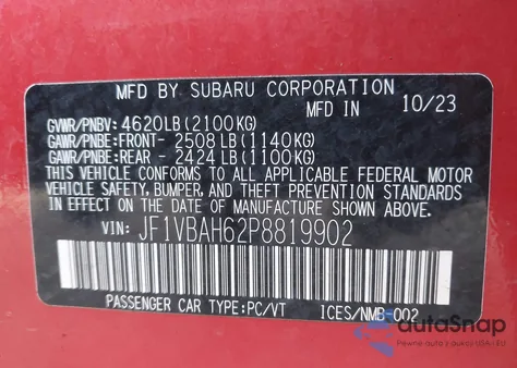 2023 Subaru Wrx Premium from USA, damaged, VIN JF1VBAH62P8819902
